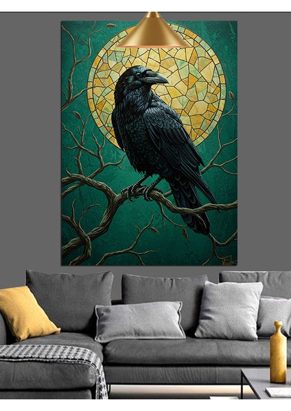 Mozaik Dolunay ve Daldaki Siyah Karga Figürü Dekoratif Kanvas - Mdf Ahşap Tablo indirimleri