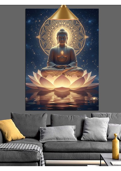 Parlak Lotus Meditasyon Yapan Budha Figürü Dekoratif Kanvas - Mdf Ahşap Tablo