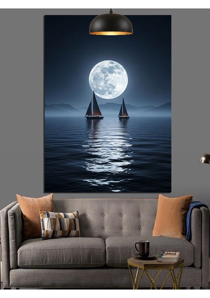 Dolunaylı Denizde Yansıma Dekoratif Kanvas - Mdf Ahşap Tablo