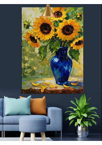 Ayçiçeği Mavi Vazo Resmi Dekoratif Kanvas - Mdf Ahşap Tablo