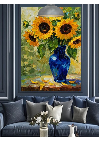 Ayçiçeği Mavi Vazo Resmi Dekoratif Kanvas - Mdf Ahşap Tablo fırsatları