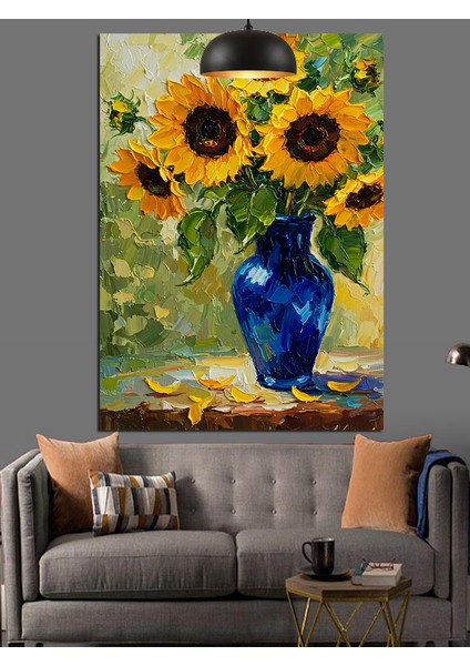 Ayçiçeği Mavi Vazo Resmi Dekoratif Kanvas - Mdf Ahşap Tablo indirimleri
