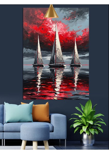 Kırmızı Yelkenli Denizde Yarış Dekoratif Kanvas - Mdf Ahşap Tablo