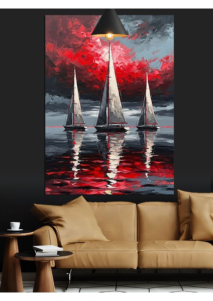Kırmızı Yelkenli Denizde Yarış Dekoratif Kanvas - Mdf Ahşap Tablo fiyatları