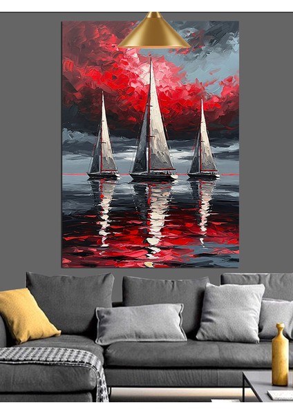 Kırmızı Yelkenli Denizde Yarış Dekoratif Kanvas - Mdf Ahşap Tablo modelleri