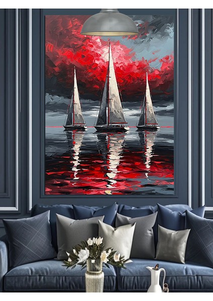 Kırmızı Yelkenli Denizde Yarış Dekoratif Kanvas - Mdf Ahşap Tablo fırsatları