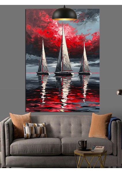 Kırmızı Yelkenli Denizde Yarış Dekoratif Kanvas - Mdf Ahşap Tablo indirimleri