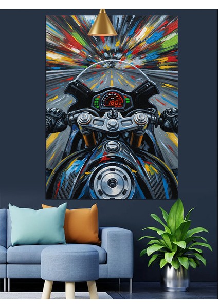 Motorsiklet Üstünde Hız Renkli Sanat Dekoratif Kanvas - Mdf Ahşap Tablo