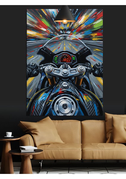 Motorsiklet Üstünde Hız Renkli Sanat Dekoratif Kanvas - Mdf Ahşap Tablo fiyatları