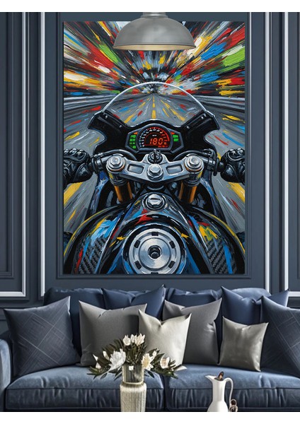 Motorsiklet Üstünde Hız Renkli Sanat Dekoratif Kanvas - Mdf Ahşap Tablo fırsatları