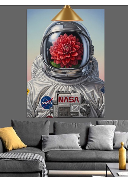 Çiçek Başlı Astronot Dekoratif Kanvas - Mdf Ahşap Tablo