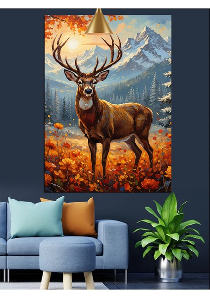 Boynuzlu Geyik ve Orman Dekoratif Kanvas - Mdf Ahşap Tablo