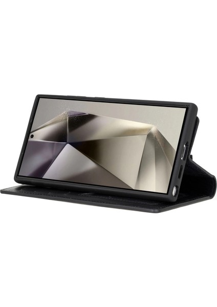 Samsung Galaxy S24 Ultra Uyumlu, Deri Cüzdanlı Kılıf, Parlak Siyah modelleri