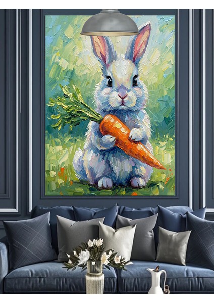 Havuç Tutan Beyaz Tavşan Dekoratif Kanvas - Mdf Ahşap Tablo