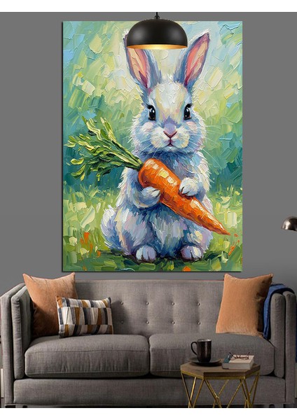 Havuç Tutan Beyaz Tavşan Dekoratif Kanvas - Mdf Ahşap Tablo fiyatları