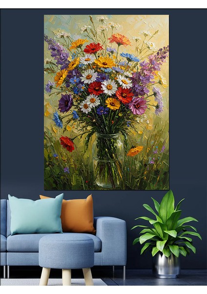 Çiçek Buketi Vazoda Sanat Dekoratif Kanvas - Mdf Ahşap Tablo