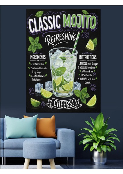 Klasik Mojito Tarifi Posteri Dekoratif Kanvas - Mdf Ahşap Tablo