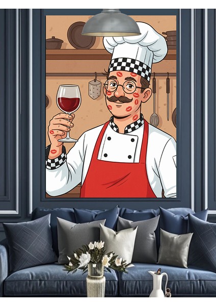 Şarap Içen Aşçı Figürü Dekoratif Kanvas - Mdf Ahşap Tablo indirimleri
