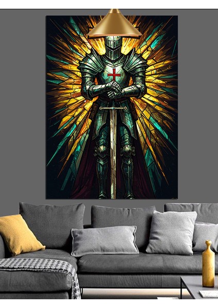 Kutsal Işık ve Zırhlı Sövalye Figür Sanatı Dekoratif Kanvas - Mdf Ahşap Tablo