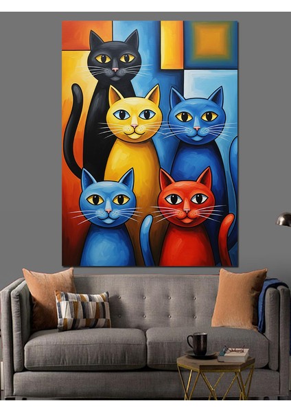 Renkli Kediler Pop Art Dekoratif Kanvas - Mdf Ahşap Tablo