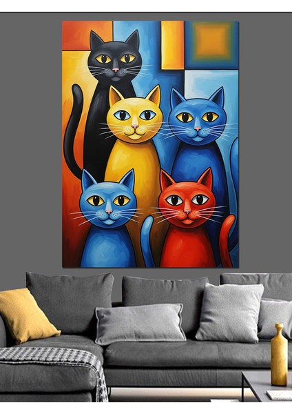 Renkli Kediler Pop Art Dekoratif Kanvas - Mdf Ahşap Tablo fiyatları