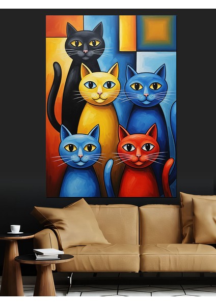 Renkli Kediler Pop Art Dekoratif Kanvas - Mdf Ahşap Tablo indirimleri