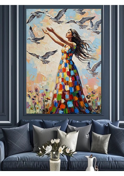 Kuşlarla Dans Eden Kadın Dekoratif Kanvas - Mdf Ahşap Tablo