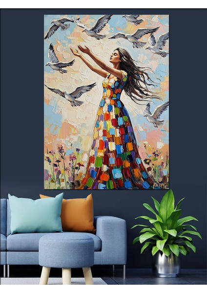 Kuşlarla Dans Eden Kadın Dekoratif Kanvas - Mdf Ahşap Tablo fiyatları