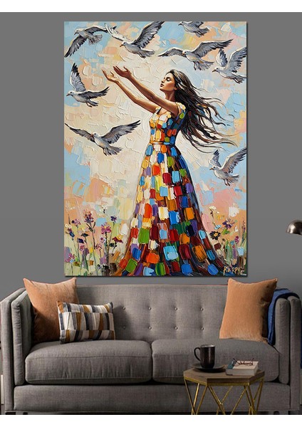Kuşlarla Dans Eden Kadın Dekoratif Kanvas - Mdf Ahşap Tablo fırsatları