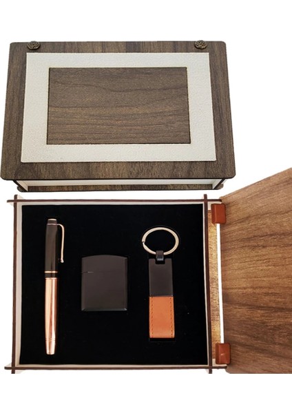 Özel Ahşap Kutulu Bakır Roller Kalem, Anahtarlık ve Çakmak Set fiyatları