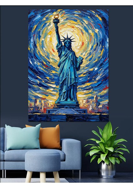 Yıldızlı Özgürlük Heykeli Sanatı Dekoratif Kanvas - Mdf Ahşap Tablo