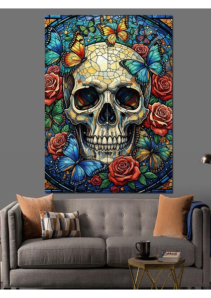 Çiçekli Kurukafa Sanat Eseri Dekoratif Kanvas - Mdf Ahşap Tablo