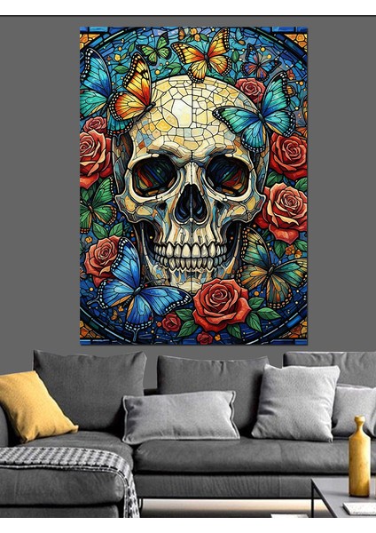 Çiçekli Kurukafa Sanat Eseri Dekoratif Kanvas - Mdf Ahşap Tablo fiyatları