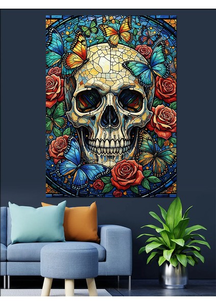 Çiçekli Kurukafa Sanat Eseri Dekoratif Kanvas - Mdf Ahşap Tablo fırsatları