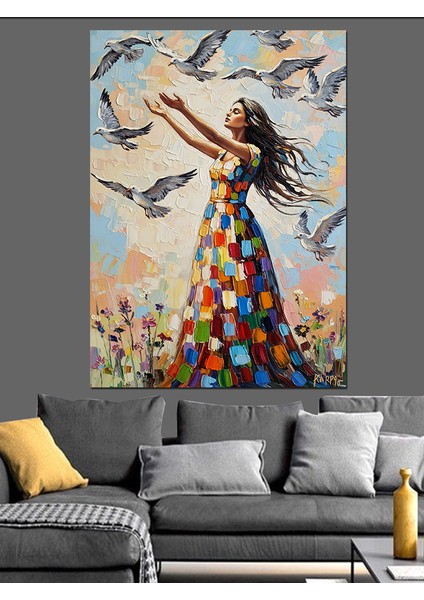 Kuşlarla Dans Eden Kadın Dekoratif Kanvas - Mdf Ahşap Tablo indirimleri