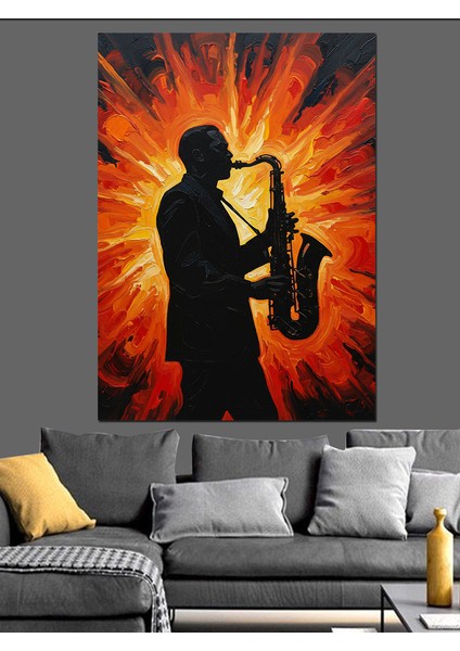 Saksofon Çalan Müzisyen Silüeti Dekoratif Kanvas - Mdf Ahşap Tablo fiyatları