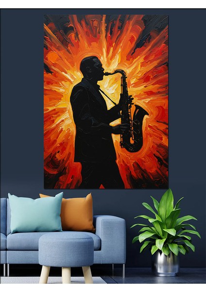 Saksofon Çalan Müzisyen Silüeti Dekoratif Kanvas - Mdf Ahşap Tablo fırsatları
