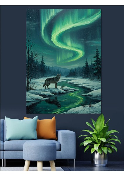 Kuzey Işıkları Kış Manzarası Dekoratif Kanvas - Mdf Ahşap Tablo