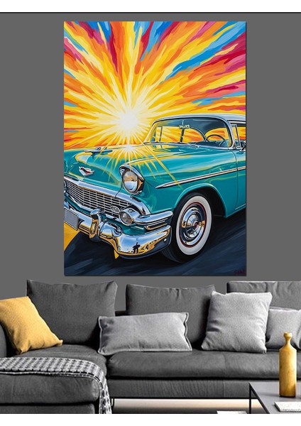 Mavi Klasik Araba Illüstrasyonu Dekoratif Kanvas - Mdf Ahşap Tablo