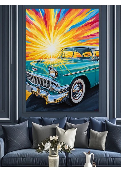 Mavi Klasik Araba Illüstrasyonu Dekoratif Kanvas - Mdf Ahşap Tablo fiyatları
