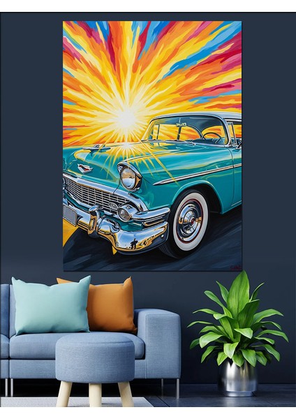 Mavi Klasik Araba Illüstrasyonu Dekoratif Kanvas - Mdf Ahşap Tablo modelleri