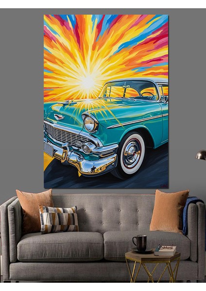 Mavi Klasik Araba Illüstrasyonu Dekoratif Kanvas - Mdf Ahşap Tablo indirimleri