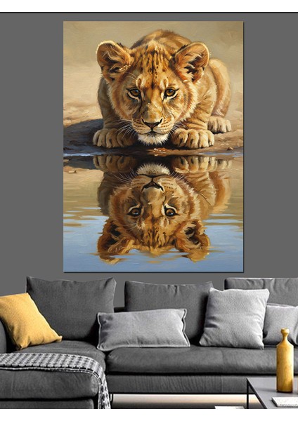 Aslan Yansıması Su Manzarası Dekoratif Kanvas - Mdf Ahşap Tablo
