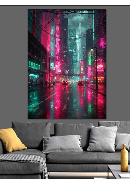 Neon Işıklı Şehir Silüeti Dekoratif Kanvas - Mdf Ahşap Tablo