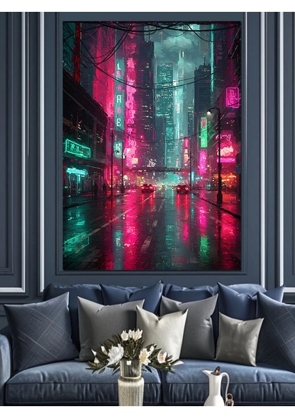 Neon Işıklı Şehir Silüeti Dekoratif Kanvas - Mdf Ahşap Tablo fiyatları