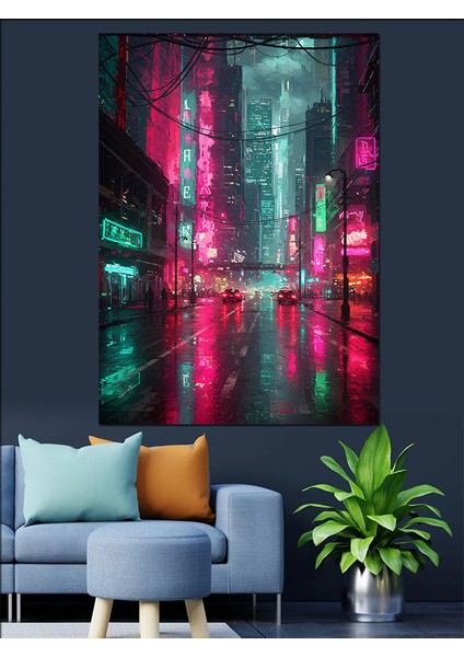 Neon Işıklı Şehir Silüeti Dekoratif Kanvas - Mdf Ahşap Tablo modelleri