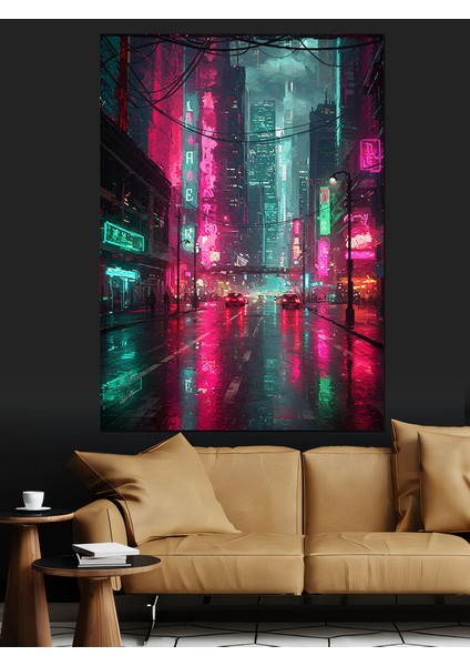 Neon Işıklı Şehir Silüeti Dekoratif Kanvas - Mdf Ahşap Tablo fırsatları