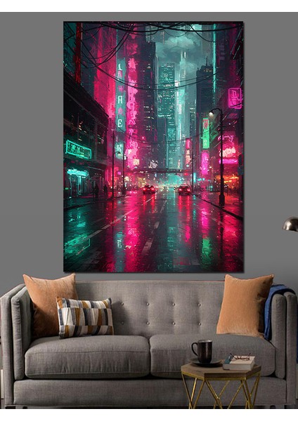 Neon Işıklı Şehir Silüeti Dekoratif Kanvas - Mdf Ahşap Tablo indirimleri