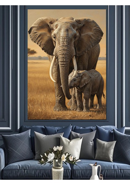 Büyük Fil Yavrusu Manzarası Dekoratif Kanvas - Mdf Ahşap Tablo