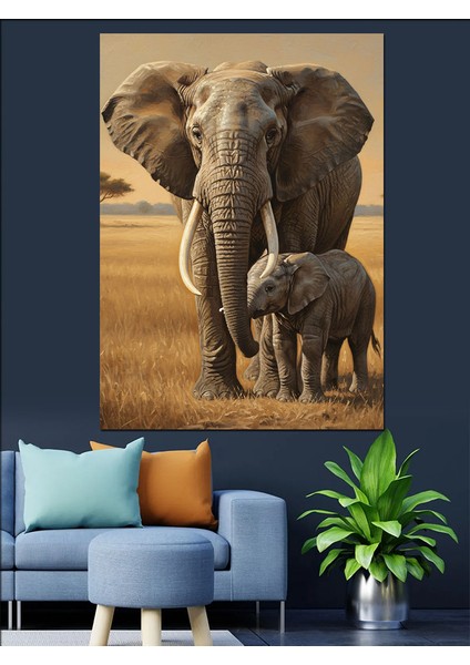 Büyük Fil Yavrusu Manzarası Dekoratif Kanvas - Mdf Ahşap Tablo fiyatları
